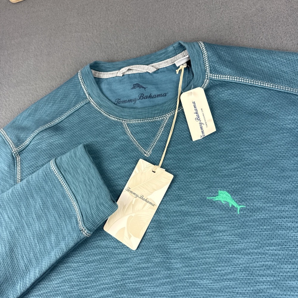Tommy Bahama Trinidad Sweatshirt Men's LT Blue Crew Kingfish Waffle Knit NEW